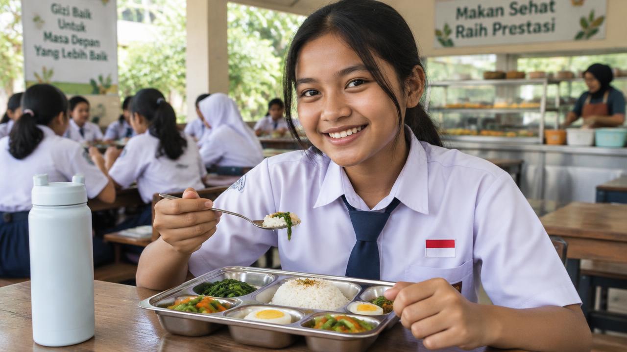 Siswi tersenyum menyantap makan siang bergizi di kantin sekolah