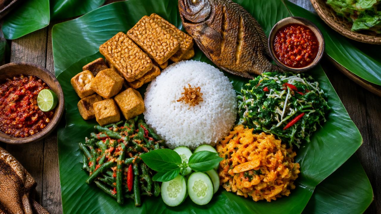 Hidangan nasi, tempe, tahu, ikan, dan sayur di atas daun pisang